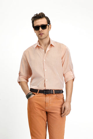  Orta Turuncu Uzun Kol Regular Fit Çizgili Pamuklu Kolay Ütülenebilir Gömlek