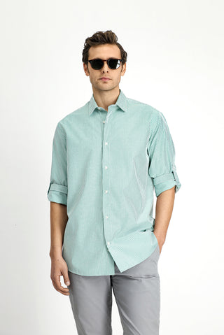  Çimen Yeşili Uzun Kol Regular Fit Çizgili Pamuklu Kolay Ütülenebilir Gömlek