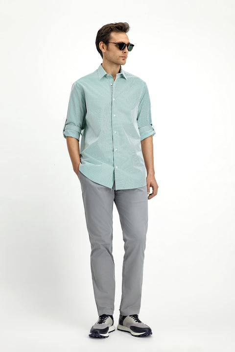 Çimen Yeşili Uzun Kol Regular Fit Çizgili Pamuklu Kolay Ütülenebilir Gömlek