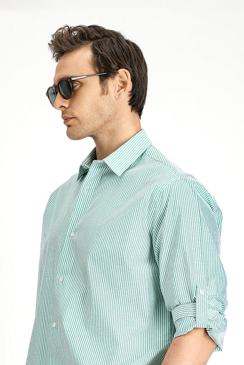 Çimen Yeşili Uzun Kol Regular Fit Çizgili Pamuklu Kolay Ütülenebilir Gömlek