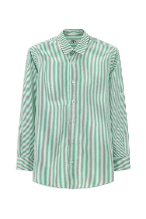 Çimen Yeşili Uzun Kol Regular Fit Çizgili Pamuklu Kolay Ütülenebilir Gömlek