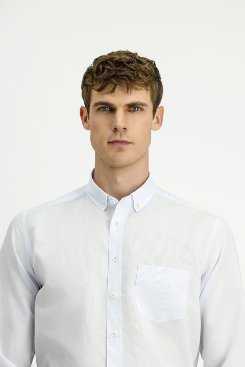 Açık Mavi Uzun Kol Regular Çizgili Düğmeli Yaka Pamuklu Gömlek