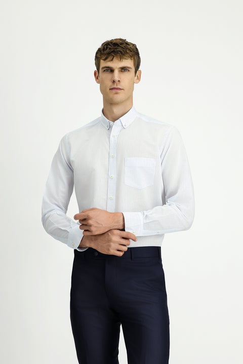 Açık Mavi Uzun Kol Regular Çizgili Düğmeli Yaka Pamuklu Gömlek