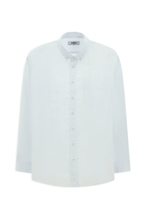 Açık Mavi Uzun Kol Regular Çizgili Düğmeli Yaka Pamuklu Gömlek