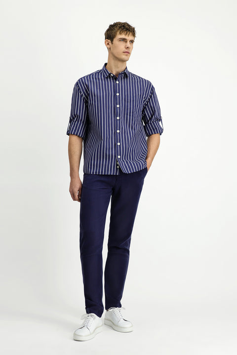 Koyu Lacivert Uzun Kol Oversize Ekstra Rahat Kesim Pamuklu Çizgili Gömlek