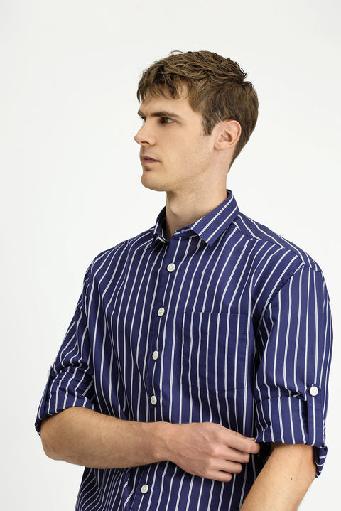 Koyu Lacivert Uzun Kol Oversize Ekstra Rahat Kesim Pamuklu Çizgili Gömlek