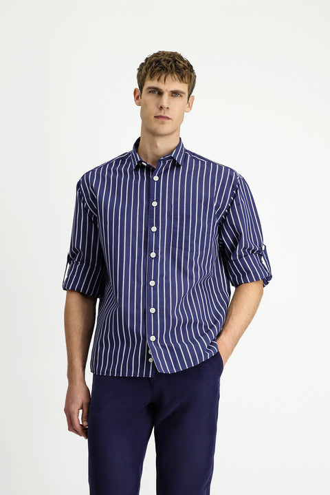 Koyu Lacivert Uzun Kol Oversize Ekstra Rahat Kesim Pamuklu Çizgili Gömlek