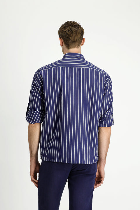 Koyu Lacivert Uzun Kol Oversize Ekstra Rahat Kesim Pamuklu Çizgili Gömlek