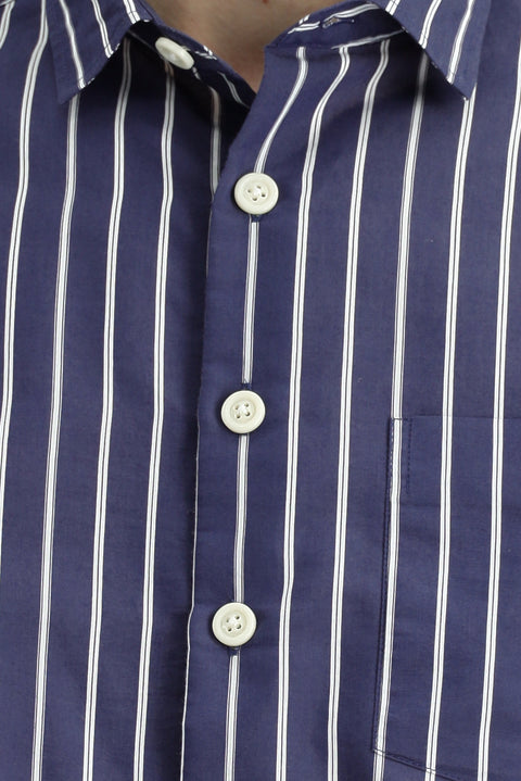 Koyu Lacivert Uzun Kol Oversize Ekstra Rahat Kesim Pamuklu Çizgili Gömlek