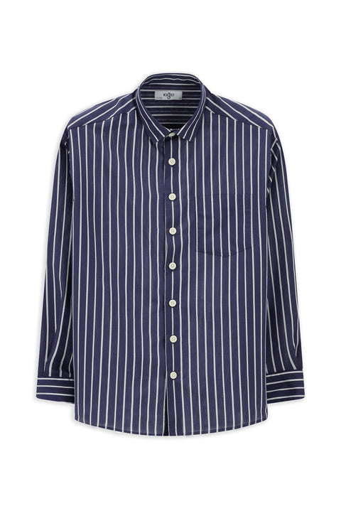 Koyu Lacivert Uzun Kol Oversize Ekstra Rahat Kesim Pamuklu Çizgili Gömlek