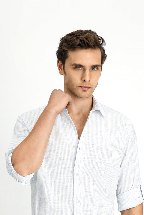 Light Blue Long Sleeve Regular Fit Cotton Sporty Striped Shirt