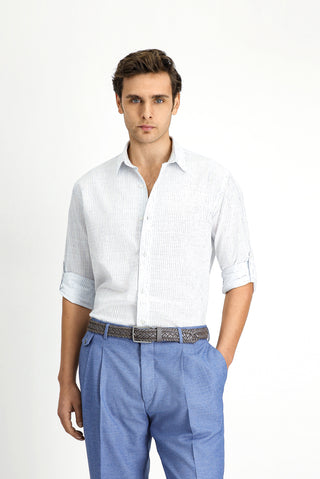  Açık Mavi Uzun Kol Regular Fit Pamuklu Spor Çizgili Gömlek