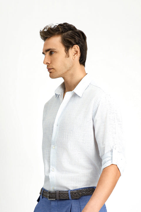 Light Blue Long Sleeve Regular Fit Cotton Sporty Striped Shirt