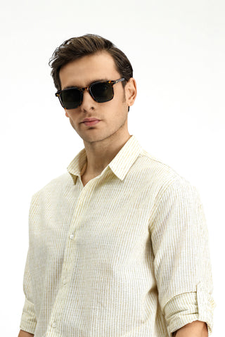  Açık Kahve  Uzun Kol Regular Fit Pamuklu Spor Çizgili Gömlek