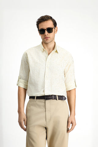  Açık Kahve  Uzun Kol Regular Fit Pamuklu Spor Çizgili Gömlek