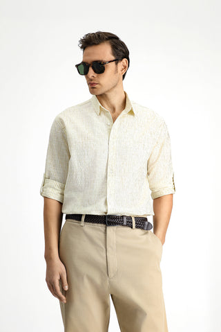  Açık Kahve  Uzun Kol Regular Fit Pamuklu Spor Çizgili Gömlek