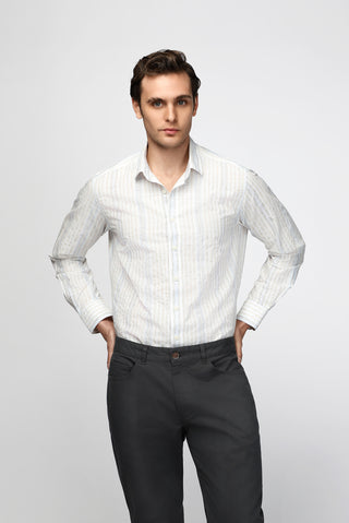  Açık Lacivert Uzun Kol Regular Fit Pamuklu Spor Çizgili Gömlek