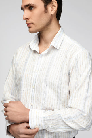  Açık Lacivert Uzun Kol Regular Fit Pamuklu Spor Çizgili Gömlek