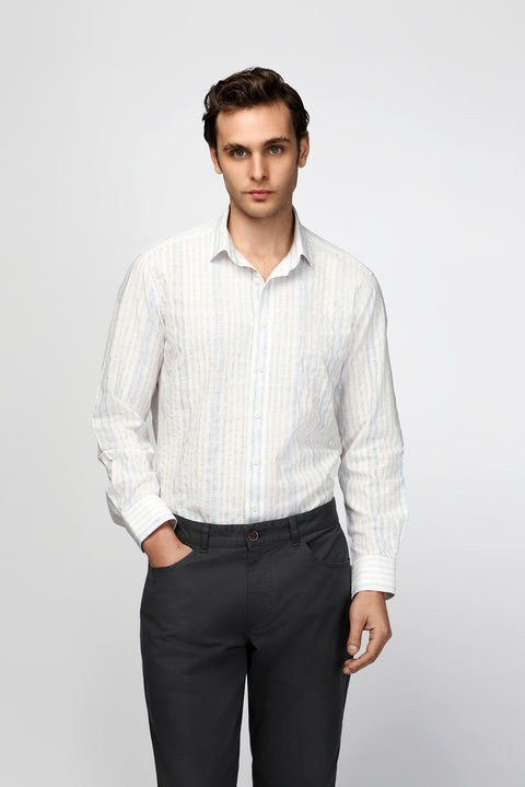 Açık Lacivert Uzun Kol Regular Fit Pamuklu Spor Çizgili Gömlek