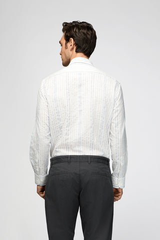  Açık Lacivert Uzun Kol Regular Fit Pamuklu Spor Çizgili Gömlek