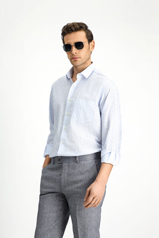  Mavi Uzun Kol Regular Fit Pamuklu Keten Karışımlı Çizgili Gömlek