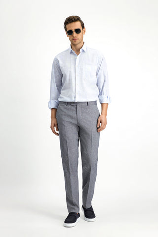  Mavi Uzun Kol Regular Fit Pamuklu Keten Karışımlı Çizgili Gömlek