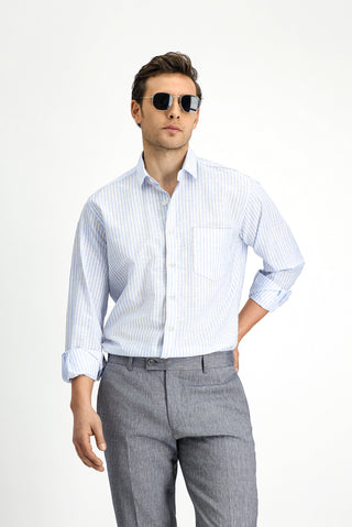  Mavi Uzun Kol Regular Fit Pamuklu Keten Karışımlı Çizgili Gömlek