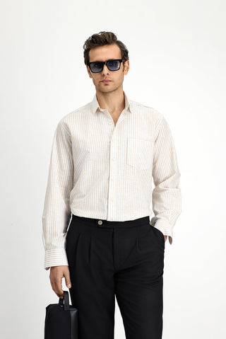  Açık Bej Uzun Kol Regular Fit Pamuklu Keten Karışımlı Çizgili Gömlek