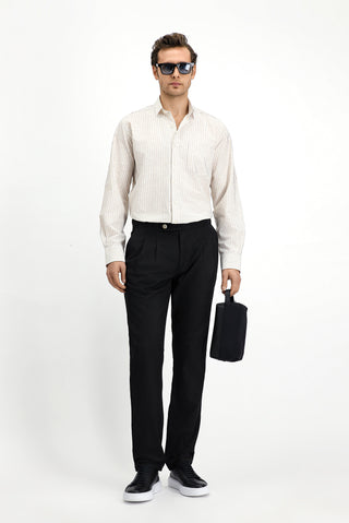  Açık Bej Uzun Kol Regular Fit Pamuklu Keten Karışımlı Çizgili Gömlek