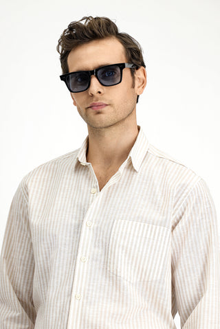  Açık Bej Uzun Kol Regular Fit Pamuklu Keten Karışımlı Çizgili Gömlek