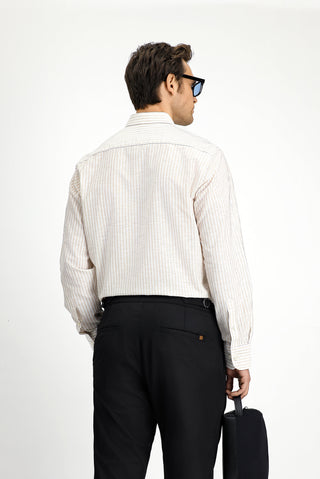  Açık Bej Uzun Kol Regular Fit Pamuklu Keten Karışımlı Çizgili Gömlek