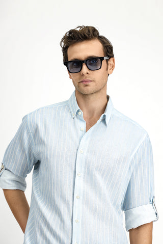  Açık Mavi Uzun Kol Regular Fit Düğmeli Yaka Pamuklu Keten Karışımlı Çizgili Gömlek