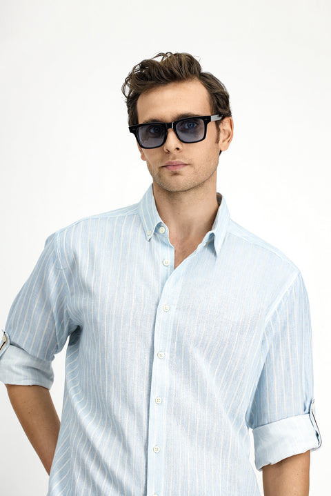 Açık Mavi Uzun Kol Regular Fit Düğmeli Yaka Pamuklu Keten Karışımlı Çizgili Gömlek