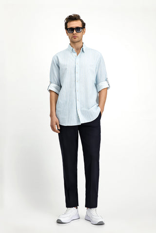  Açık Mavi Uzun Kol Regular Fit Düğmeli Yaka Pamuklu Keten Karışımlı Çizgili Gömlek
