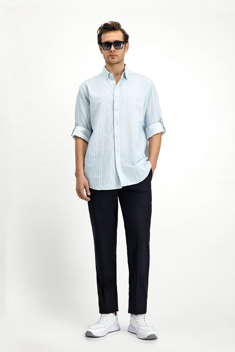 Açık Mavi Uzun Kol Regular Fit Düğmeli Yaka Pamuklu Keten Karışımlı Çizgili Gömlek
