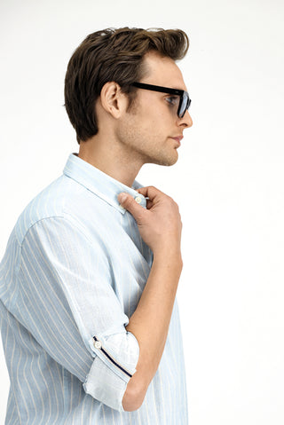  Açık Mavi Uzun Kol Regular Fit Düğmeli Yaka Pamuklu Keten Karışımlı Çizgili Gömlek