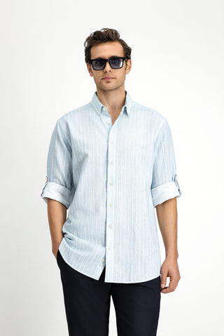  Açık Mavi Uzun Kol Regular Fit Düğmeli Yaka Pamuklu Keten Karışımlı Çizgili Gömlek