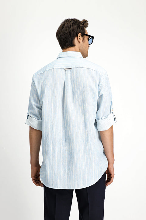 Açık Mavi Uzun Kol Regular Fit Düğmeli Yaka Pamuklu Keten Karışımlı Çizgili Gömlek