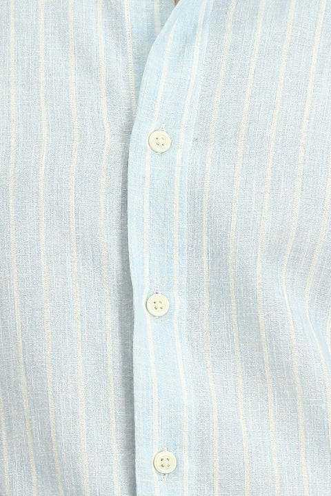 Açık Mavi Uzun Kol Regular Fit Düğmeli Yaka Pamuklu Keten Karışımlı Çizgili Gömlek