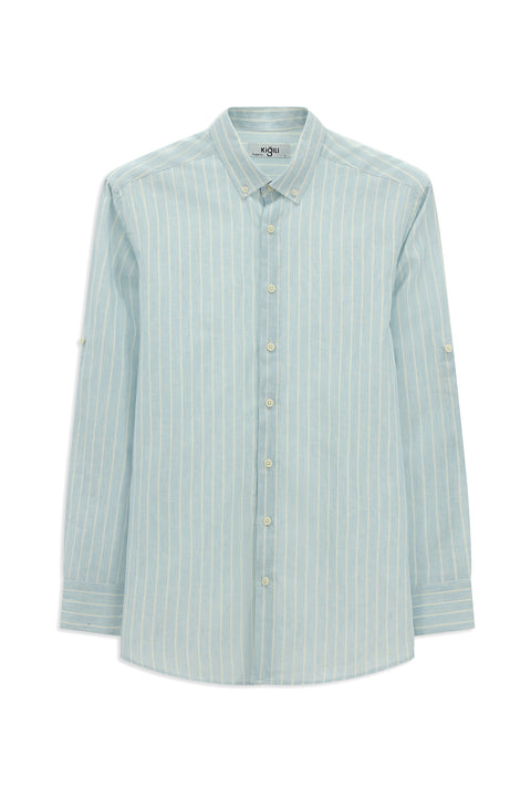 Açık Mavi Uzun Kol Regular Fit Düğmeli Yaka Pamuklu Keten Karışımlı Çizgili Gömlek