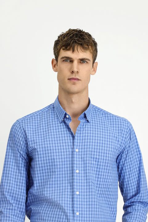 Mavi Uzun Kol Regular Fit Ekose Pamuklu Kolay Ütülenebilir Gömlek