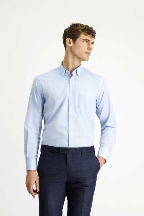 Açık Mavi Uzun Kol Regular Fit Ekose Pamuklu Kolay Ütülenebilir Gömlek
