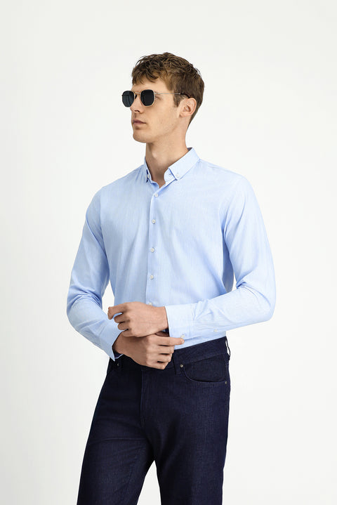 Mavi Uzun Kol Slim Fit Dar Kesim Pamuklu Keten Düğmeli Yaka Gömlek