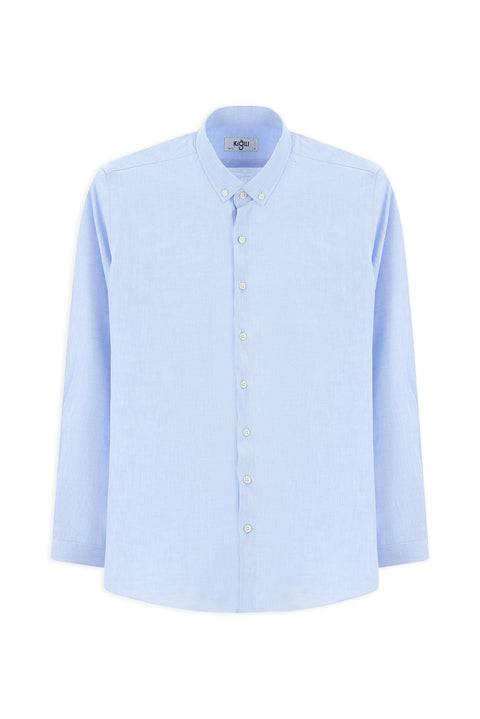 Mavi Uzun Kol Slim Fit Dar Kesim Pamuklu Keten Düğmeli Yaka Gömlek