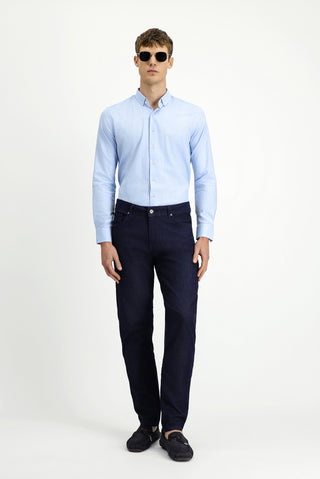  Mavi Uzun Kol Slim Fit Dar Kesim Pamuklu Keten Düğmeli Yaka Gömlek