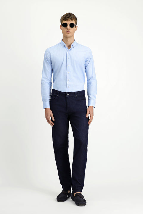 Mavi Uzun Kol Slim Fit Dar Kesim Pamuklu Keten Düğmeli Yaka Gömlek