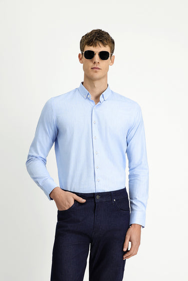  Mavi Uzun Kol Slim Fit Dar Kesim Pamuklu Keten Düğmeli Yaka Gömlek