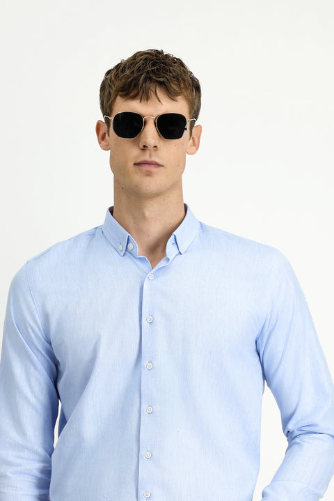 Mavi Uzun Kol Slim Fit Dar Kesim Pamuklu Keten Düğmeli Yaka Gömlek