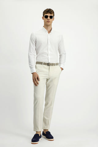  Beyaz Uzun Kol Slim Fit Dar Kesim Pamuklu Keten Düğmeli Yaka Gömlek