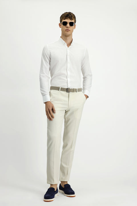 Beyaz Uzun Kol Slim Fit Dar Kesim Pamuklu Keten Düğmeli Yaka Gömlek